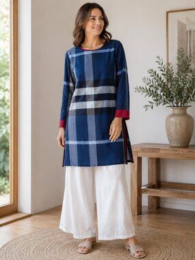 Beechtree Blue Plaid Check Tunic  10 Red Trim Long Sleeve 1184